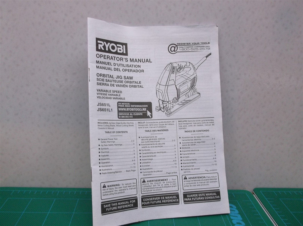 JS651L & JS651L1 Ryobi 120V Corded Variable Speed Orbital Jigsaw Manual Only