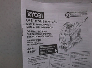 JS651L & JS651L1 Ryobi 120V Corded Variable Speed Orbital Jigsaw Manual Only