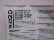 Ridgid 18v Lithium-Ion Battery Pack R840083, 840085, 840086, 840087 Manual Only