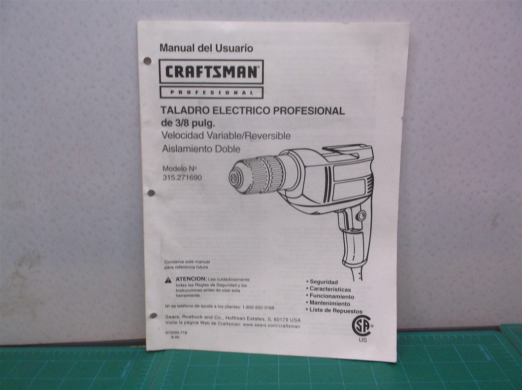 Craftsman 3/8 In Professional Electric Drill Model No. 315.271690 Owners Manual Only