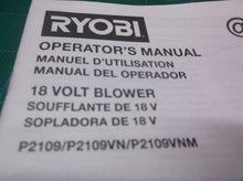 Ryobi P2109 P2109VN P2109 VNM 18V Li-Ion Leaf Blower Manual Only