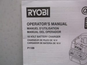 Ryobi P118B 18V Battery Charger Manual ( Manual Only ) rev09