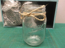 3 decorative mason jars in light blue wooden case