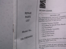 Kenmore 116.21814410 Power-Mate Vacuum REPAIR PARTS LIST ONLY