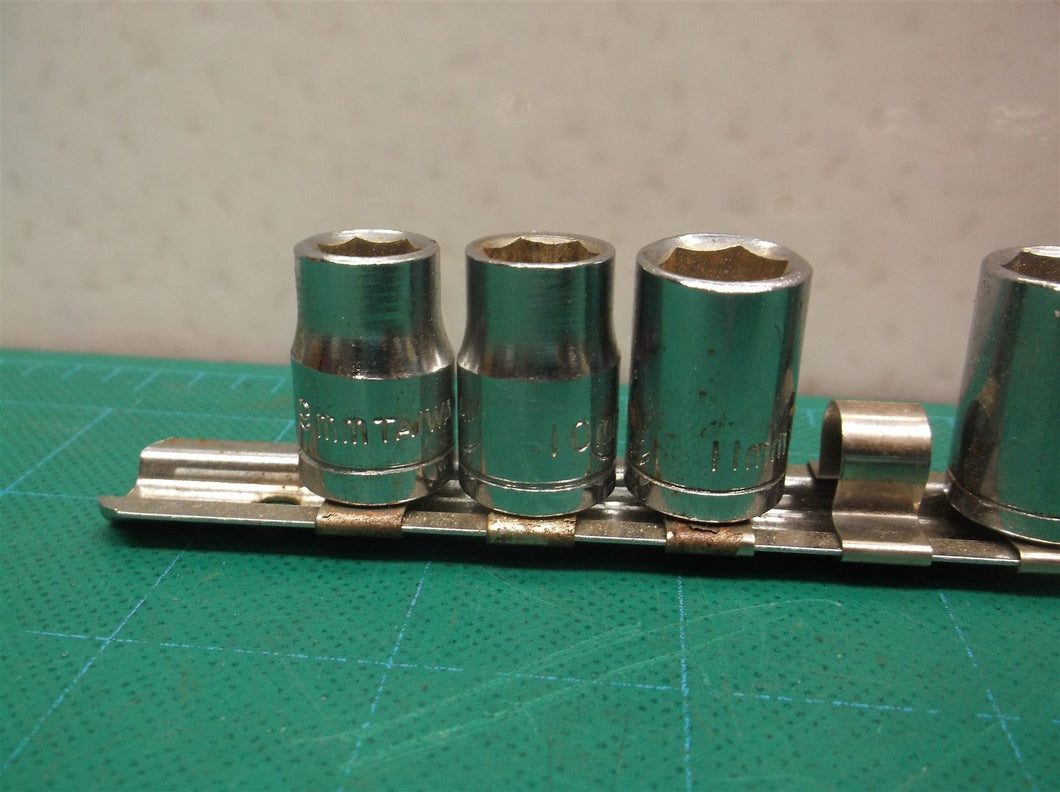 (8) unbranded 3/8 drive metric sockets w rail 9-10-11mm 13mm 14mm 16mm 17mm 19mm