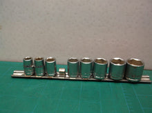 (8) unbranded 3/8 drive metric sockets w rail 9-10-11mm 13mm 14mm 16mm 17mm 19mm