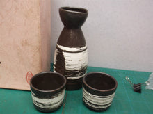 Brown and white semi-striped 3 piece sake set