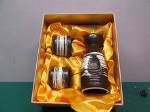 Brown and white semi-striped 3 piece sake set