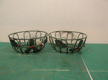 2 Small Round Green Holly Christmas Metal Wire Baskets 5.5 x 2.5