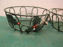2 Small Round Green Holly Christmas Metal Wire Baskets 5.5 x 2.5