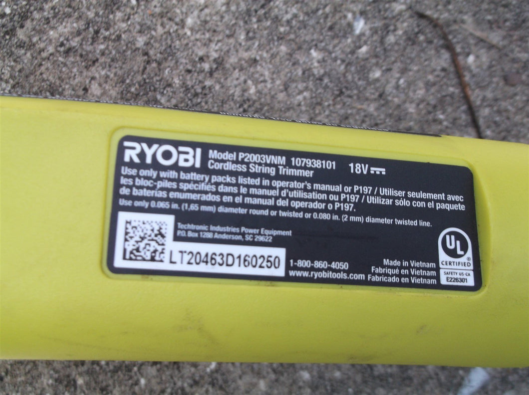 Ryobi P2003VNM Hand held 18V cordless String Trimmer Tool Only SN:LT20463D160250