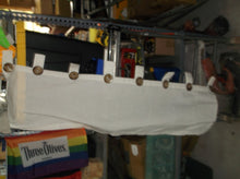 white valance curtains 2 feet x 18 inches with painted wood button designs