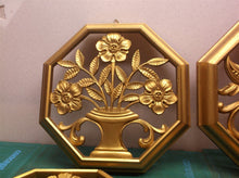 Set Of 4 Vintage Syroco Octagonal Floral Wall Hanging Plaques with Gold Finish