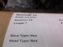 (50) Hex Head 3/8 x 7" Lag Bolts Zinc Plate Wood Screws
