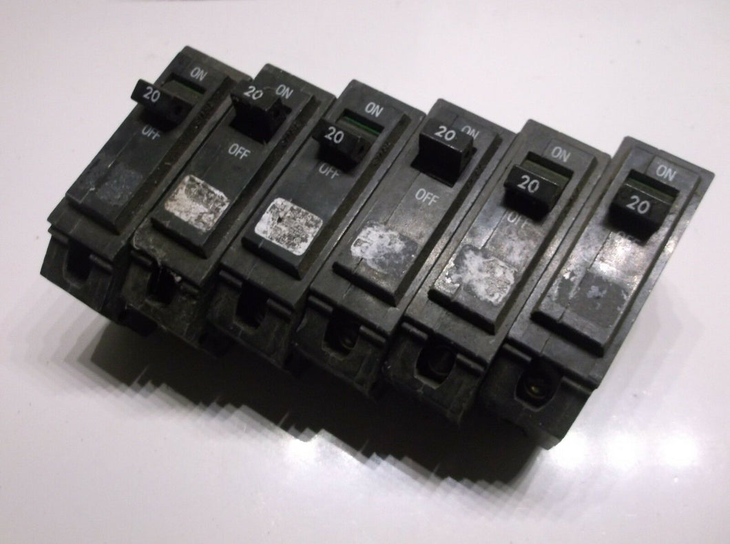 (6) GE Type THQB Circuit Breaker 20 A 1 Pole