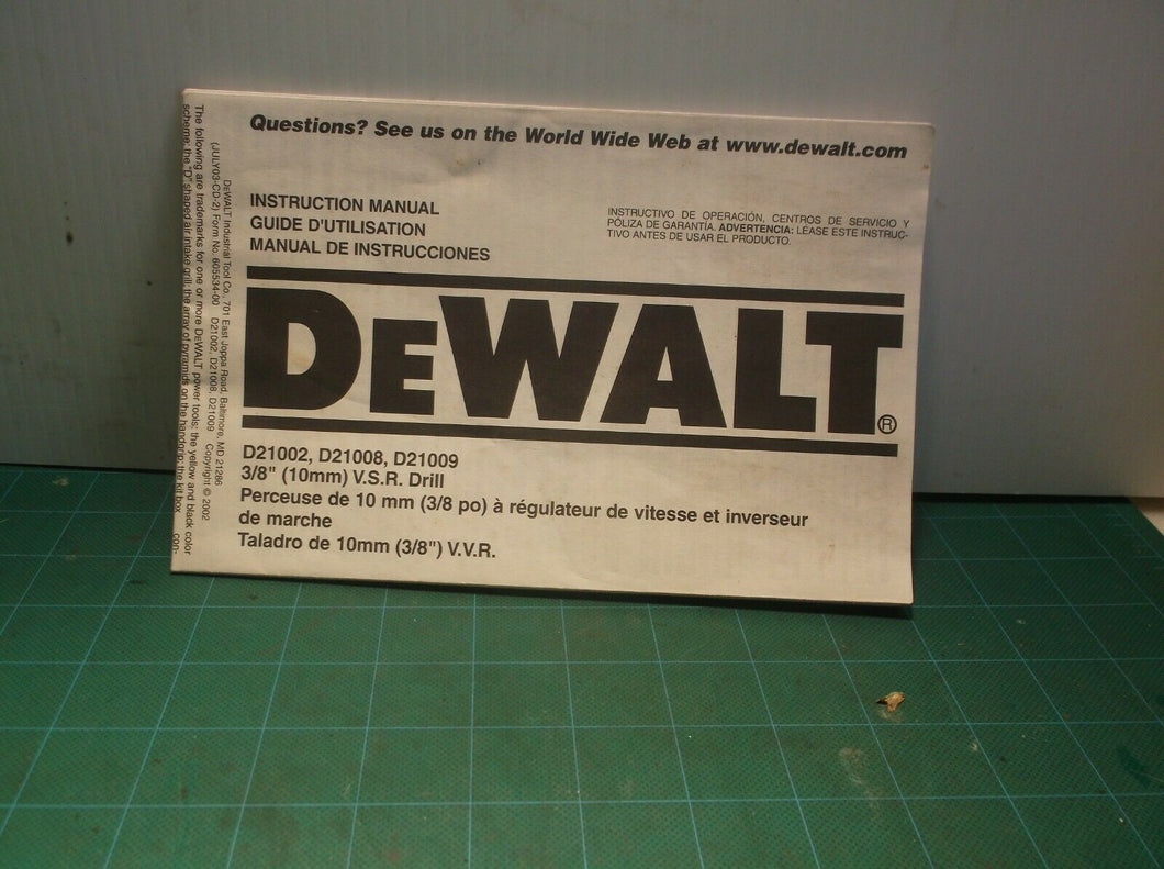 DeWalt D21002 D21008 D21009 3/8 VSR Drill Instruction Manual (Manual Only)