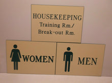 Sign Set "Men "Women" "Housekeeping" 5 X 7 Etched Signs Tan & Green