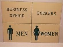 Sign Set "Men "Women" "Housekeeping" "Security" 5 X 7 Etched Signs Tan & Green