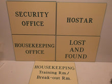 Sign Set "Men "Women" "Housekeeping" "Security" 5 X 7 Etched Signs Tan & Green