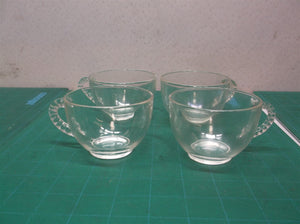 Federal Glass Punch Bowl Tea Cup Clear Beaded Handle Vintage Set 4