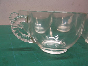 Federal Glass Punch Bowl Tea Cup Clear Beaded Handle Vintage Set 4
