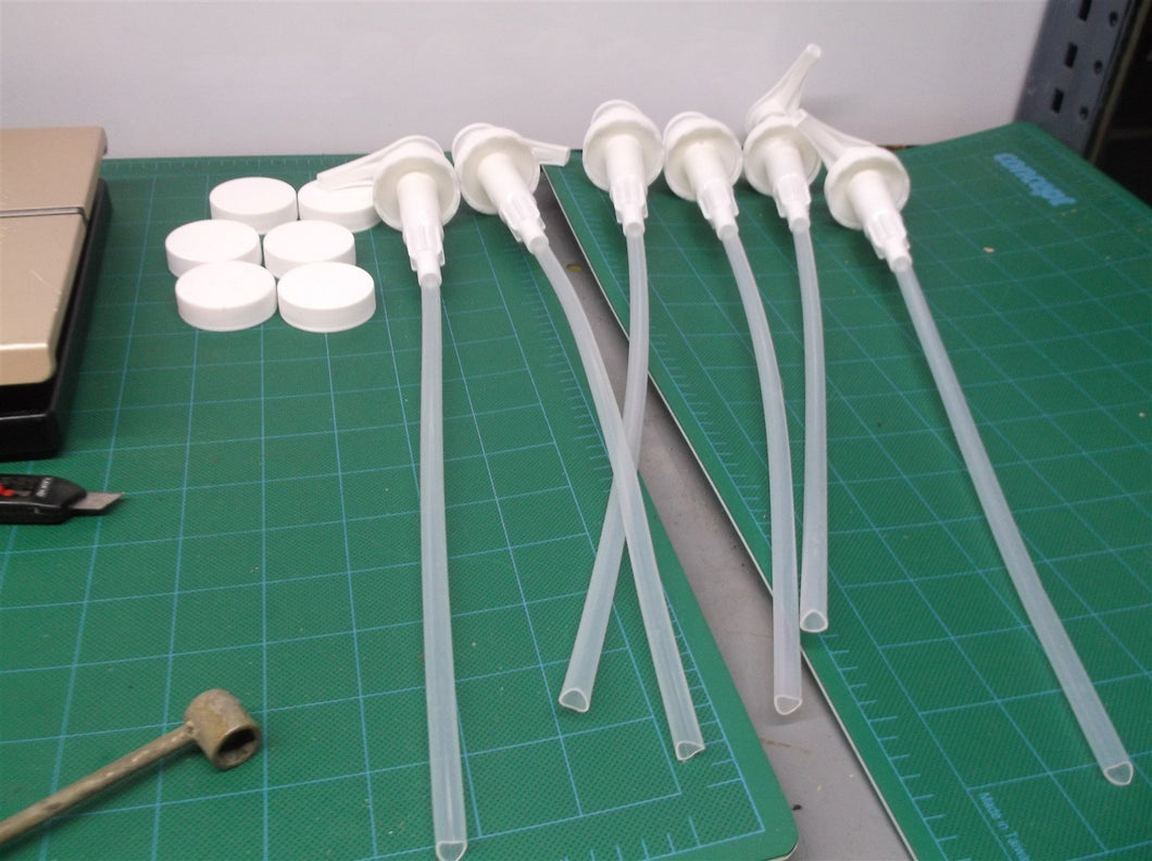 (6) 1 Gallon Pumps & Caps 38/400 White Ribbed 280mm Dip Tube